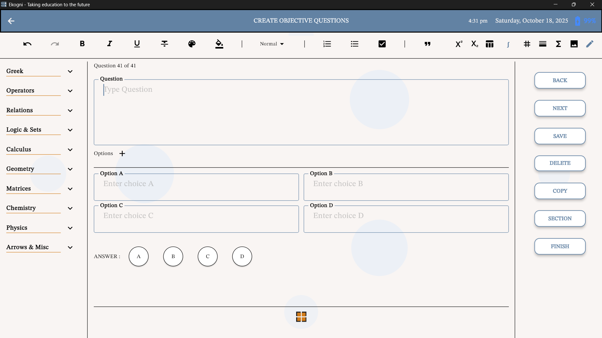 Ekogni CBT Platform - Create objective exam questions interface with multiple choice options